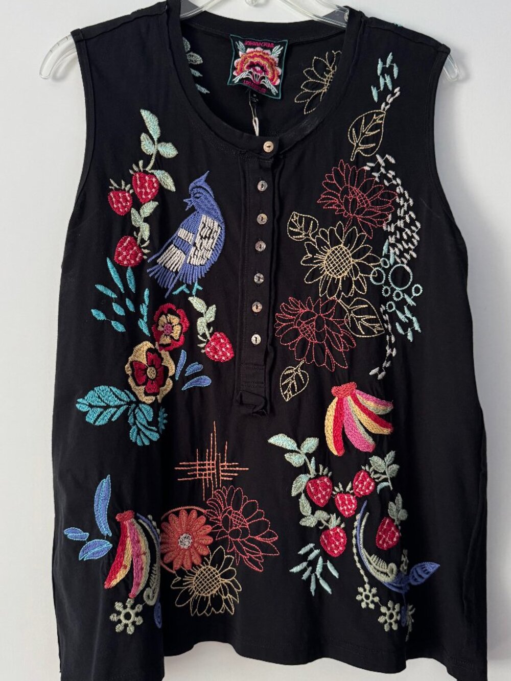 Johnny Was Black Embroidered Bird & Botanical Henley Tank Top/Sleeveless Tee NWT
